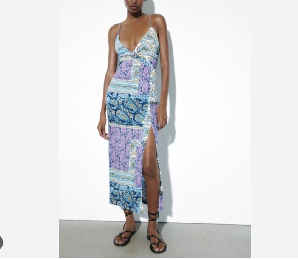 Zara Linen Blend Paisley Patchwork Maxi Dress Coastal Boho Vacation Resort L
